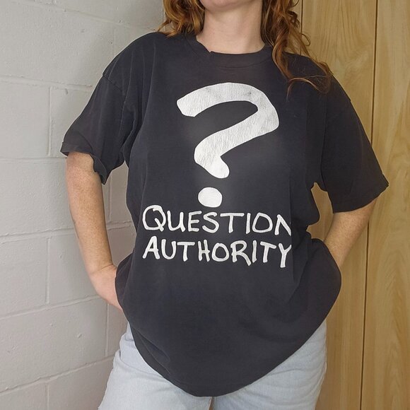 Vintage Single Stitch Black Punk Question Authority Tshirt - Picture 1 of 8